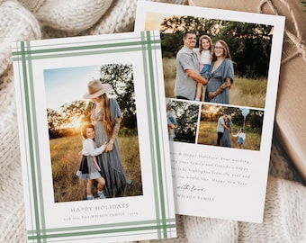 Green Plaid Holiday Photo Card, Printable Plaid Stripes Christmas Card Template, Minimalist Plaid Family Photo Card, Instant Download