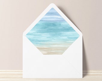 Printable Envelope Liner - Blue Beach Watercolor A7 Euro Flap Envelope Liner - DIY 5x7 Wedding Invitation Envelope Template Liner