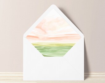 Lined Envelopes for Wedding Invitations - Watercolor Sunset Outdoor Wedding A7 Euro Flap Envelopes with Liner - 5x7 Wedding Envelopes