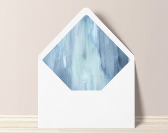 Lined Envelopes for Wedding Invitations - Blue Beach Watercolor A7 Euro Flap Envelope with Liner - 5x7 Wedding Envelopes DIY Coastal Wedding