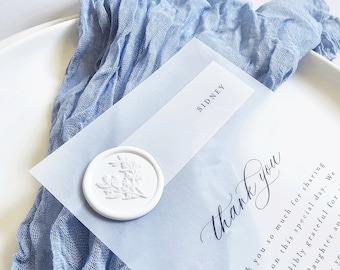 Clear Wedding Reception Thank You with Place Card and Wax Seal - Printed Modern Script Vellum Translucent Wedding Thank You, Name Card