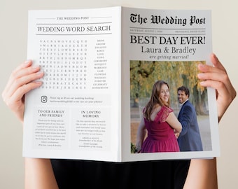 Mall för bröllopstidningsprogram, utskrivbart bröllopsprogram för tidning (digital nedladdning)