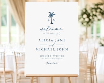 Printable Beach Wedding Welcome Sign Template: Blue Palm Tree (Digital Download) Alicia