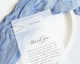 Clear Wedding Reception Thank You with Place Card and Gold Clip - Printed Modern Script Vellum Translucent Wedding Thank You, Name Card