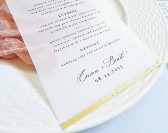 Clear Wedding Menus with Gold Foil Leaf Edge, Name Card and Clip - Custom Printed Modern Script Vellum Translucent Wedding Menu, Place Card