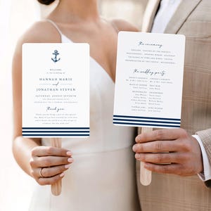 Nautical Wedding Program Fan Template: Navy Blue Anchor (Digital Download) Hannah