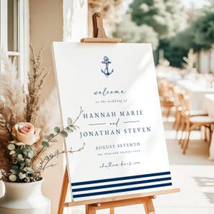 Plantilla de letrero de bienvenida para boda náutica: Ancla azul playa (descarga digital) Hannah