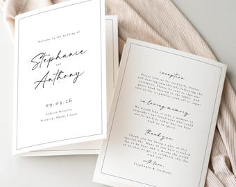 May include: A white wedding invitation with black text. The invitation reads "Welcome to the wedding of Stephanie and Anthony" and includes the date "09.05.26" and the location "Aldrich Mansion, Warwick, Rhode Island". The second card reads "Reception" and includes the text "Please join us for cocktails, dinner, and dancing immediately following the ceremony. Please be sure to sign our guest book located in the lobby. And join us for a sparkler send-off at 8pm!" and "In loving memory, We would like to take a moment to remember our loved ones who could not be with us today but are here with us in spirit. Thank you for being a part of this special day. Many of you have travelled far to be here and it means the world to us that we get to celebrate this day with you! With love, Stephanie & Anthony."