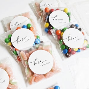 Wedding Candy Favor Bags and Stickers Her Favorite, His Favorite, Our Favorite Frosted Bags EMPTY Bags with Labels DIY Wedding Favor image 5