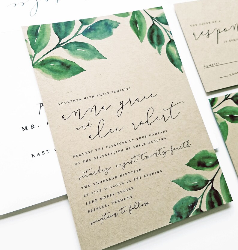 New Anna Watercolor Greenery Kraft Wedding Invitation Sample Etsy
