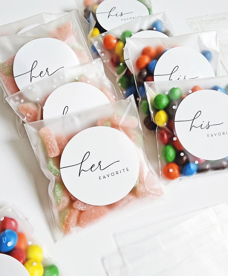 Wedding Candy Favor Bags and Stickers Her Favorite, His Favorite, Our Favorite Frosted Bags EMPTY Bags with Labels DIY Wedding Favor image 1