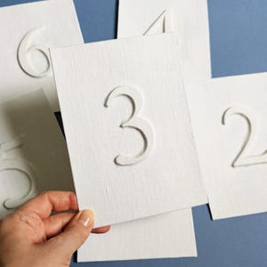 Puede incluir: Una colección de tarjetas rectangulares blancas con números en relieve. Cada tarjeta muestra un solo dígito, incluidos tres, dos, seis, cinco y cuatro, con una textura similar a la tela visible en la superficie de la cartulina blanca.