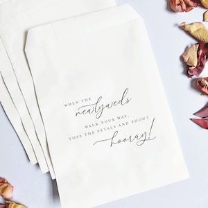 Wedding Petal Toss Bags - White Printed Wedding Exit Petal Toss Bags - Black Modern Calligraphy Script