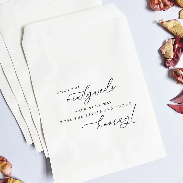 Wedding Petal Toss Bags - White Printed Wedding Exit Petal Toss Bags - Black Modern Calligraphy Script