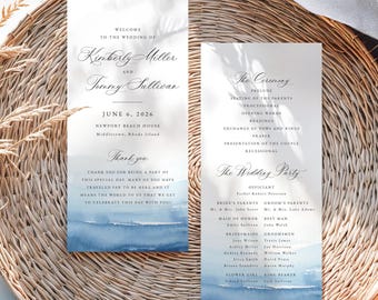 Beach Wedding Program Template, Blue Watercolor Flat Program (Digital File) Kimberly