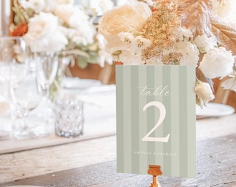 Green Striped Wedding Table Numbers, Printable Sage Green Stripes Template (DIY Digital Download)