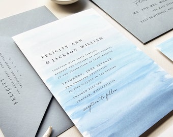Felicity Beach Wedding Invitation Sample with Deckled Edges - Nautical Blue Watercolor Waves, Beach Wedding Invite