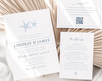 May include: A wedding invitation suite with a blue and white color scheme. The invitation features a simple design with two starfish and the text "Lindsay & James". The details card includes information about the reception, accommodations, and transportation.