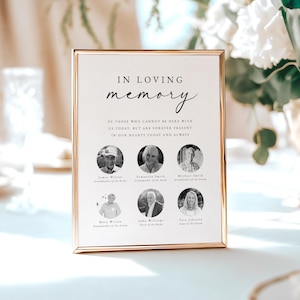 May include: A framed memorial sign with gold trim, featuring the words "IN LOVING memory." Below the text are six circular portraits with names and titles. The sign is a remembrance for loved ones.