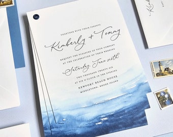 Kimberly Beach Booklet Wedding Invitation Sample with Deckled Edges - Nautical Blue Watercolor Waves, Destination Weekend Wedding