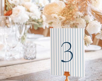 Blue Striped Wedding Table Numbers, Coastal Printable Beach Blue Stripes Template