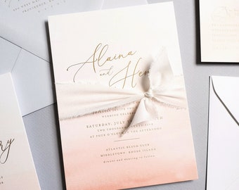 Gold Foil Alaina Beach Wedding Invitation with Foil Press Printing + White Ribbon - Nautical Coral Watercolor Destination Foil Invitation