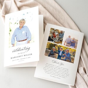Può includere: Un biglietto commemorativo con la foto di una donna con una camicia a righe blu e il testo "celebrando la vita di Margaret Miller". L'interno presenta foto di famiglia e le parole "Grazie".