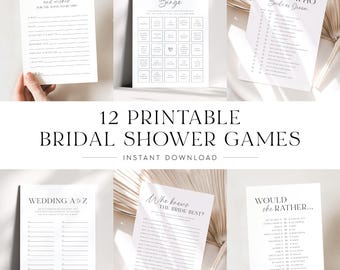 May include: Twelve printable bridal shower games with minimalist designs. The games include "Advice and Wishes for the Soon-to-Be Mrs", "Find the Guest Bingo", "Guess Who Bride or Groom", "Wedding A to Z", "Who Knows the Bride Best?", and "Would She Rather..."