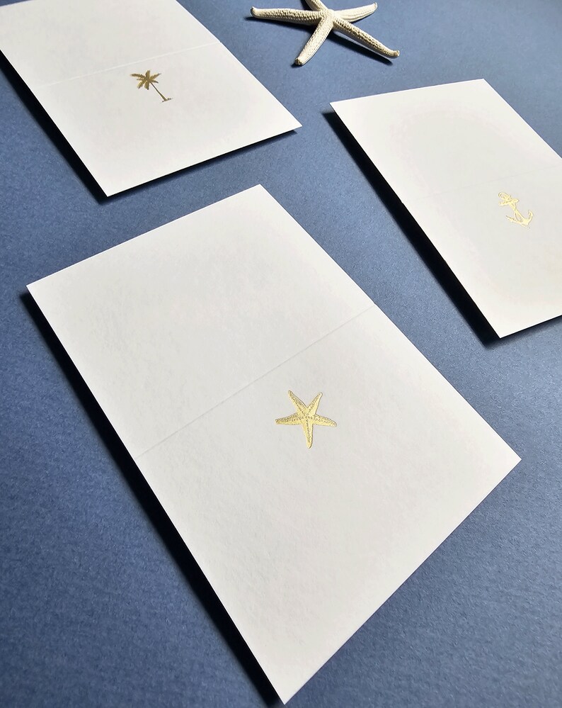 Wedding Escort Cards / Place Cards, Folded Gold or Silver Foil Tropical Destination Wedding Place Cards Starfish, Anchor, Palm Tree image 4
