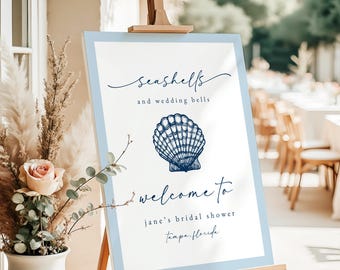 Beach Bridal Shower Welcome Sign, Seashells and Wedding Bells Printable Poster (Instant Download)