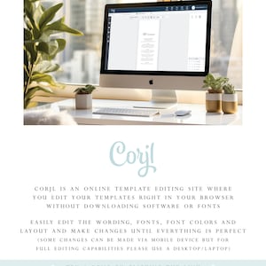 May include: A desktop computer displays a menu template on a white desk with plants in gold and white pots. The screen shows the word "Menu" at the top. The text "Corjl" is in a light blue script font. The text below describes an online template editing site.