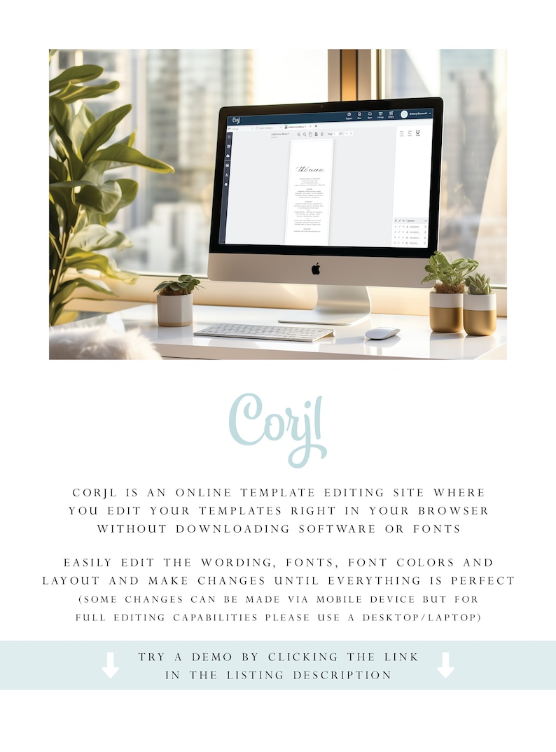 May include: A desktop computer displays a menu template on a white desk with plants in gold and white pots. The screen shows the word "Menu" at the top. The text "Corjl" is in a light blue script font. The text below describes an online template editing site.