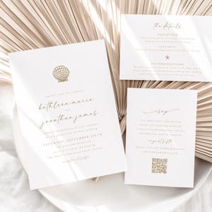 Druckbare Strand Hochzeit Einladung Vorlage - Gold Muschel Seestern Küsten Hochzeitseinladung, bearbeitbare Hochzeit - Kathleen