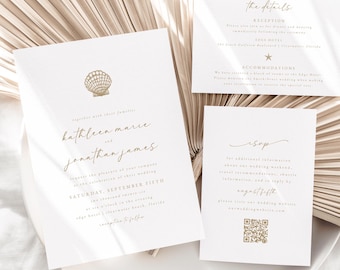 May include: A wedding invitation suite with a seashell design. The invitation card features the names "Kathleen Marie" and "Jonathan James" in elegant script. The details card includes information about the reception, accommodations, and RSVP. The RSVP card has a QR code for guests to access additional information.