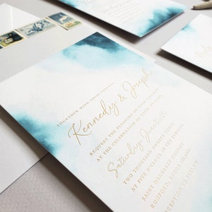 Kennedy Beach Wedding Invitation with Gold Foil Press Printing - Nautical Teal Watercolor Invitation, Beach Destination Wedding