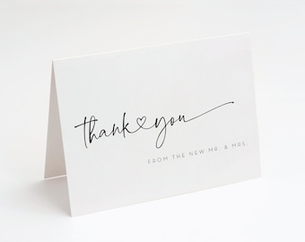 Wedding Thank You Cards - Printed Folded Thank You Card - Black and White Simple Heart Script Thank You - Printed with Envelopes