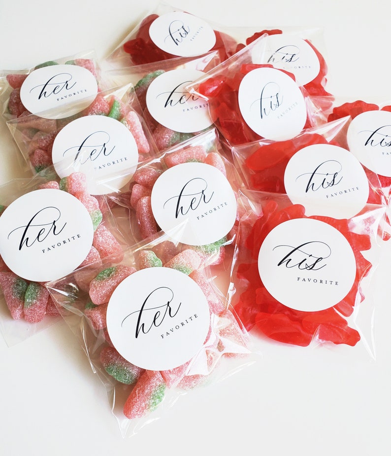 Wedding Candy Favor Bag STICKERS His Favorite, Her Favorite Printed Labels DIY Wedding Favor image 1