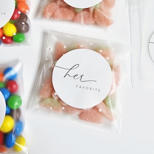 Wedding Candy Favor Bags and Stickers Her Favorite, His Favorite, Our Favorite Frosted Bags EMPTY Bags with Labels DIY Wedding Favor image 6