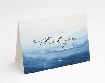 Kimberly Wedding Thank You Cards - Printed Folded Thank You Card - Blue Beach Watercolor Thank You - Printed with Envelopes