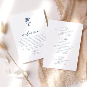 Plantilla imprimible de itinerario de fin de semana de bodas: bolsa de bienvenida para bodas en la playa, tarjeta de agradecimiento para eventos de bodas, palmera azul - Alicia