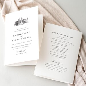 Op de afbeelding: Een huwelijksuitnodigingsset met een zwart-witte illustratie van de skyline van New York City. De uitnodiging bevat de namen Madison Jane en Aaron Michael, de datum zaterdag 17 april 2027 en de locatie "dambo loft, New York, New York". De tweede kaart vermeldt de huwelijksvoltrekking, inclusief de ambtenaar, de ouders van de bruid, de ouders van de bruidegom, de bruidsmeisjes, de getuige, de bruidsmeisjes, de bruidegom, het bloemenmeisje en de ringdrager.