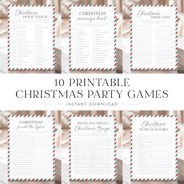 Weihnachtsparty-Spielepaket, 10 druckbare Familienferienspiele, rote und grüne Streifen