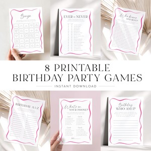 Op de afbeelding: Acht printbare verjaardagsspelletjes met roze randen. De spellen omvatten Bingo, Altijd of Nooit, Wie kent haar het beste?, Verjaardag van A tot Z, Wat staat er op je telefoon?, en Verjaardag Wie ben ik?