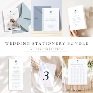 Könnte beinhalten: Ein Hochzeits-Stationary-Paket mit tropischem Thema. Das Set beinhaltet eine Save-the-Date-Karte, eine Einladung, ein Menü, eine Tischnummer und einen Sitzplan. Das Design zeigt eine Palme mit den Initialen "A" und "M" in einem blau-weißen Farbschema.