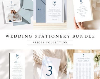 Palm Tree Wedding Invitation Template Bundle, Printable Beach Wedding Invitations + Coordinating Items (Digital Download) Alicia