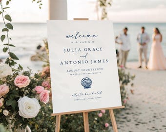 Printable Beach Wedding Welcome Sign Template – Coastal Blue Shell Reception Sign (Digital Download)