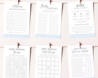 Paquete de juegos para baby shower con cuadros azules: 12 juegos imprimibles (descarga en PDF)