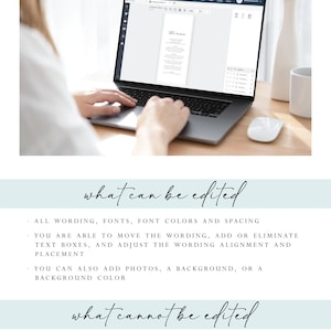 May include: A laptop displaying a wedding menu template with the name "Anna" at the top. The text below the laptop screen reads "what can be edited" and lists editable features. A white mouse and vase are on the wooden desk.