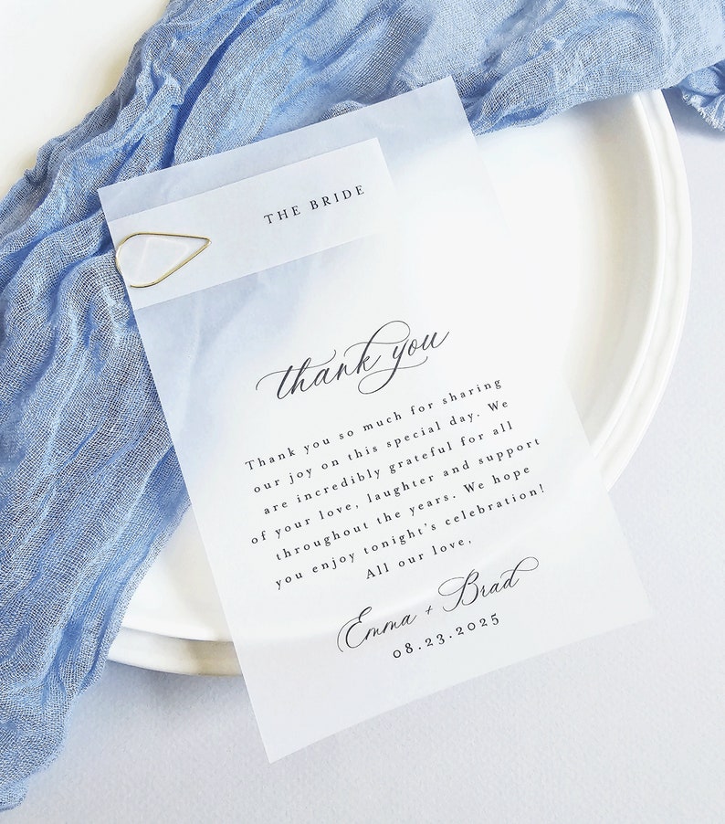 Clear Wedding Reception Thank You with Place Card and Gold Clip Printed Modern Script Vellum Translucent Wedding Thank You, Name Card image 1
