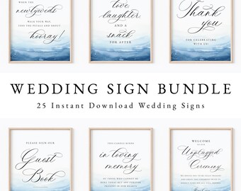 May include: A set of 25 printable wedding signs with a blue watercolor background. The signs feature various wedding-related phrases, such as "When the newlyweds", "Love, laughter, and a snack", "Thank you", "Please sign our guest book", "This candle burns in loving memory", and "Welcome to our unplugged ceremony".